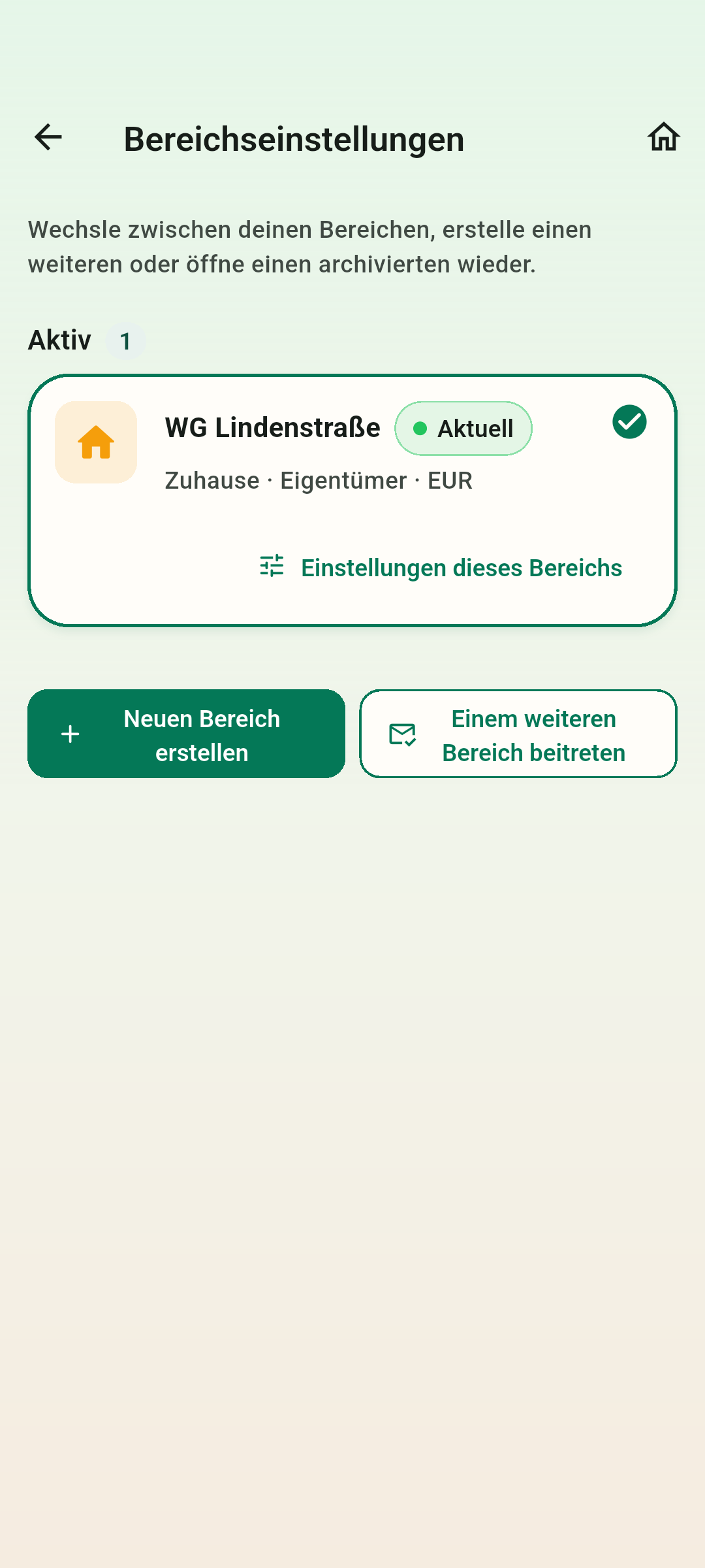 Ein Space pro Gruppe — Zwischen euren Spaces wechseln, einen neuen anlegen oder einen archivierten zurückholen.