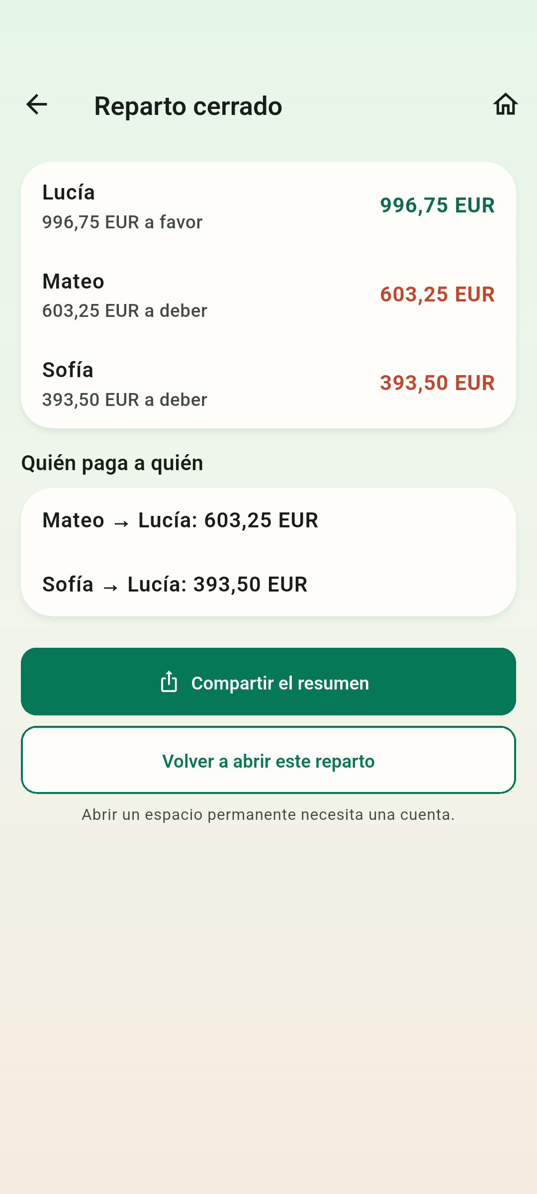 Saldar cuentas con claridad — Sharefold calcula quién debería pagar a quién. El dinero se mueve fuera de la aplicación.