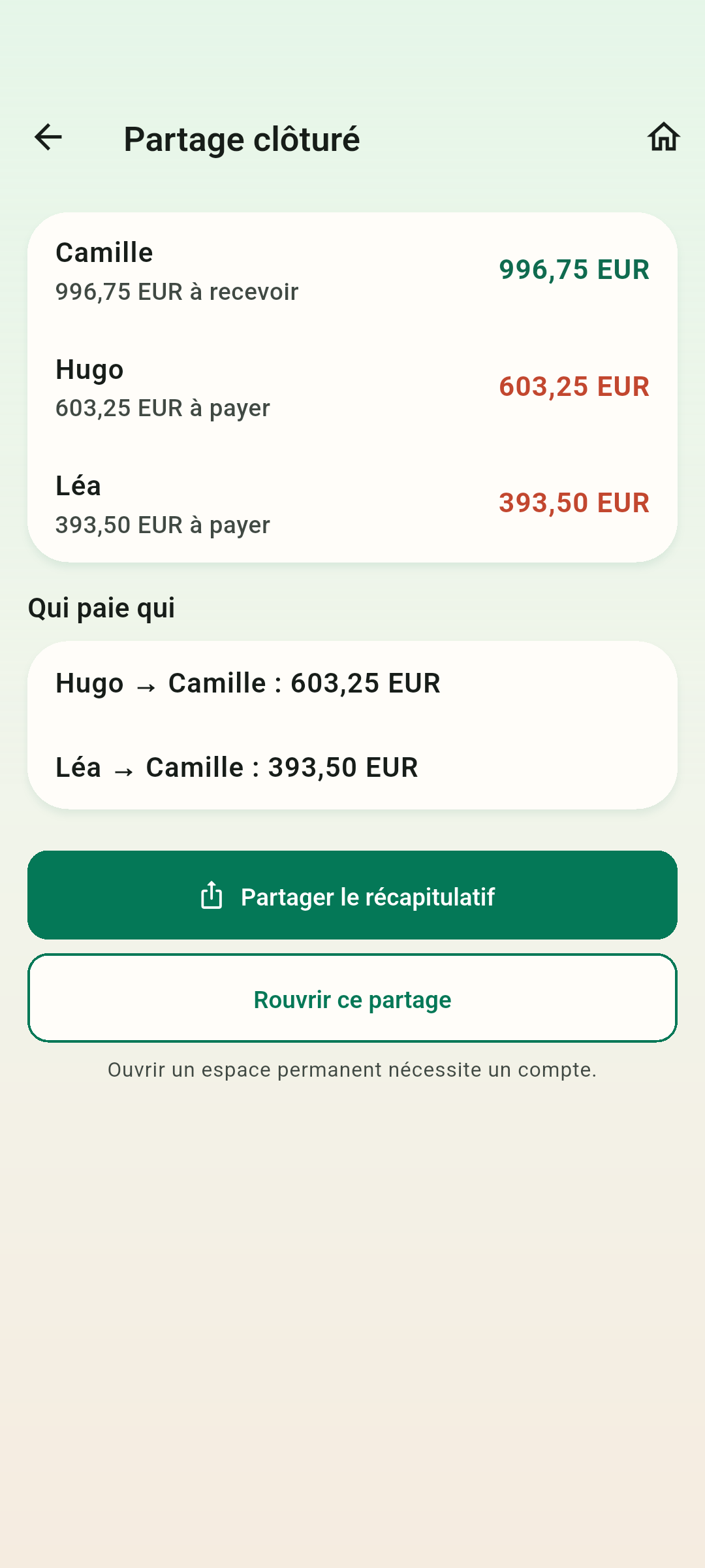 Régler les comptes clairement — Sharefold calcule qui devrait payer qui. L’argent, lui, est transféré en dehors de l’application.