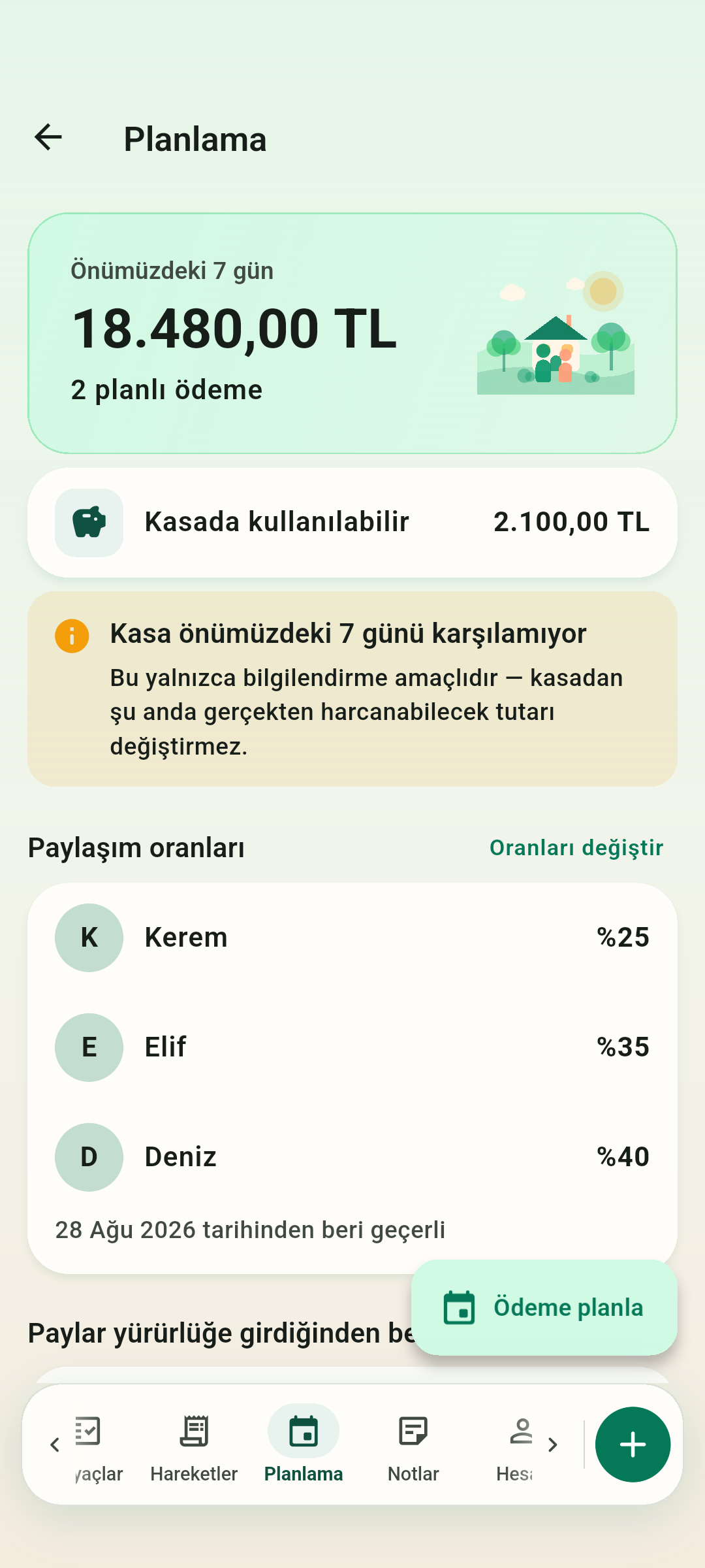 Yaklaşan ödemeleri görün — Önümüzdeki yedi günün ödemelerini, ortak kasanın yeterli olup olmadığını ve üyelerin katkı paylarını görün.